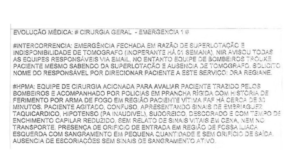 Trecho da ficha de atendimento de Marco Aurélio Cardenas Acosta, estudante morto pela PM