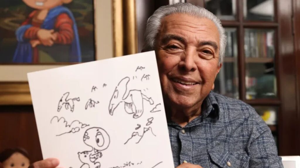 Maurício de Sousa com seus desenhos
