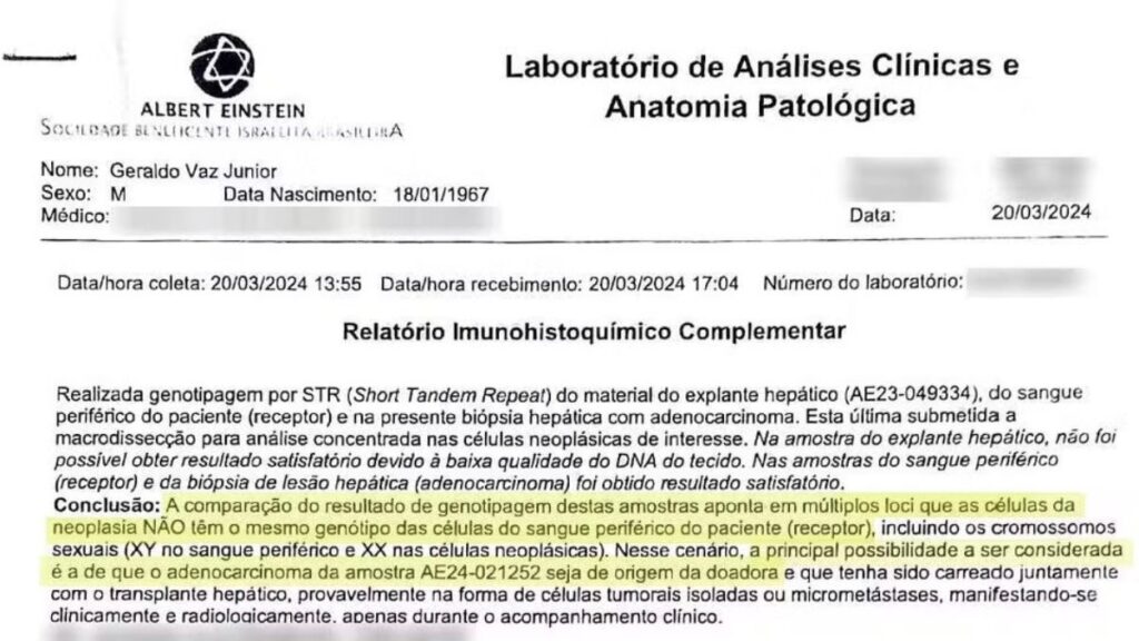 Laudo do Laboratório de Análises Clínicas e Anatomia Patológica.