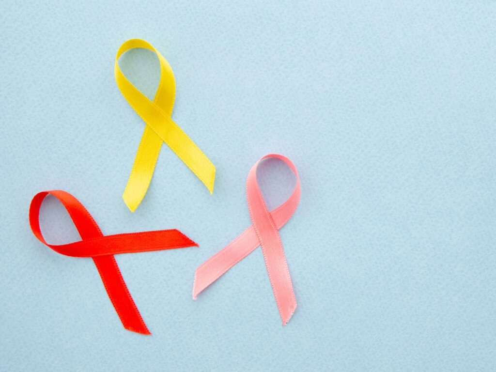 Imagem mostra símbolos de fitas que representam prevenção ao câncer