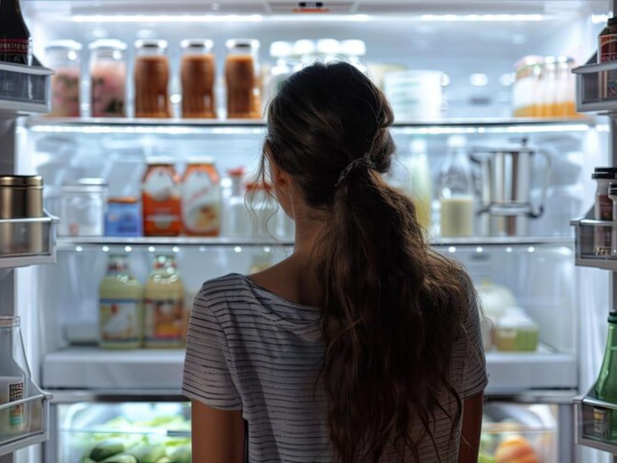Mulher olhando a geladeira
