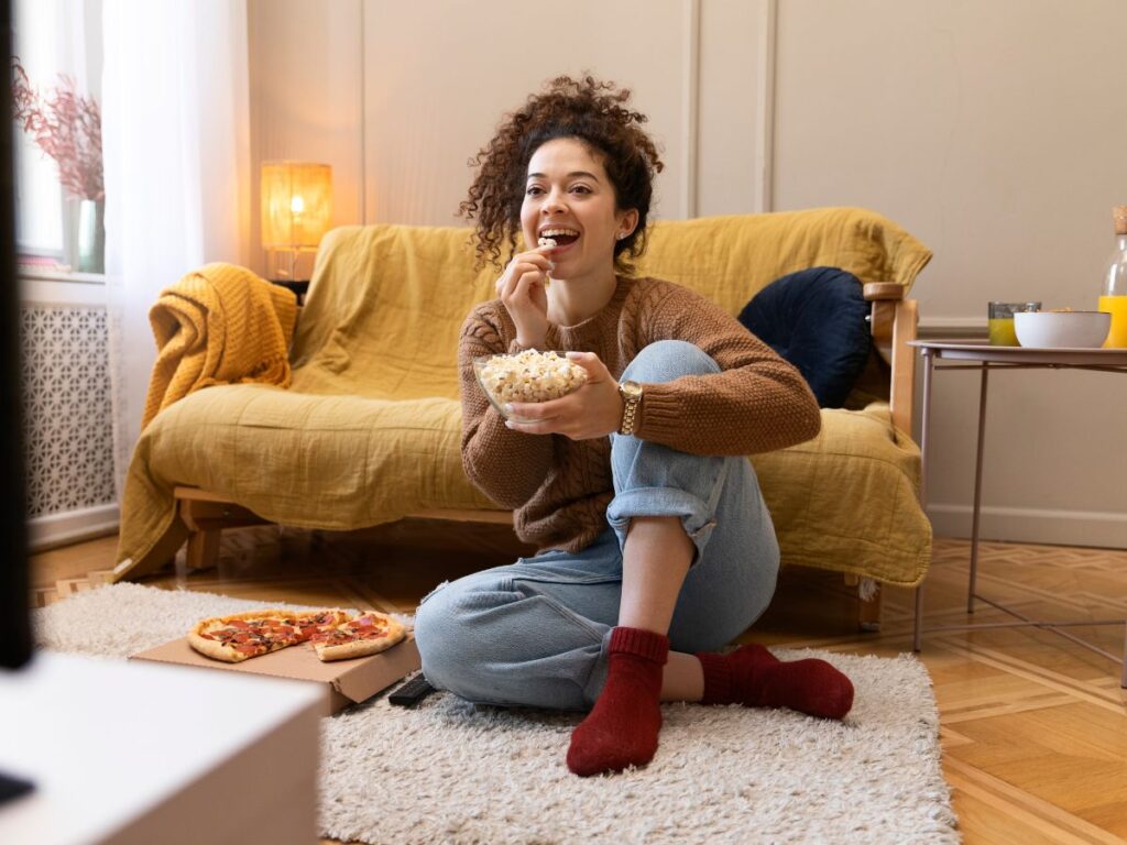 Mulher assistindo televisão em uma sala com um pote de pipoca na mão.