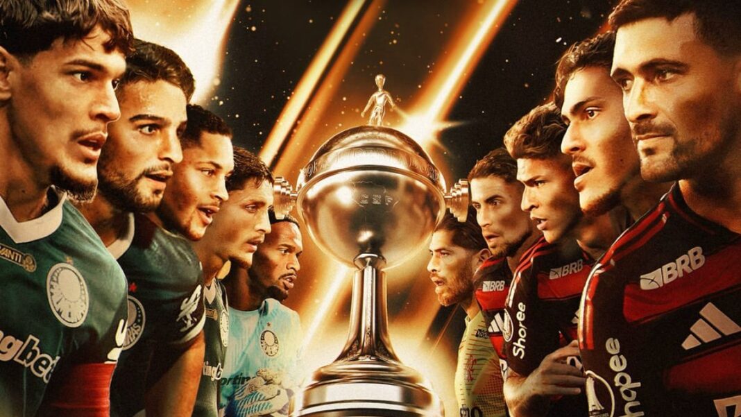 Libertadores A taça da Libertadores é rodeada por jogadores do Flamengo e do Palmeiras