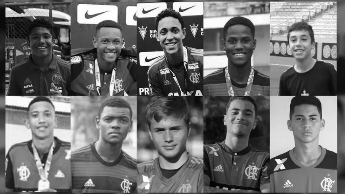 Ninho do Urubu Montagem em preto e branco com a foto das dez vitimas do incêndio no Ninho do Urubu