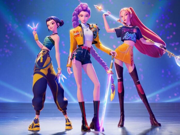 Animação de três mulheres em um fundo azul. Cada uma segura uma espécie de arma na mão.