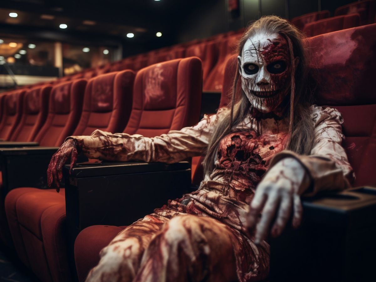 Mulher com o rosto machucado e a roupa branca ensaguentada em um cinema com poltronas vermelhas.