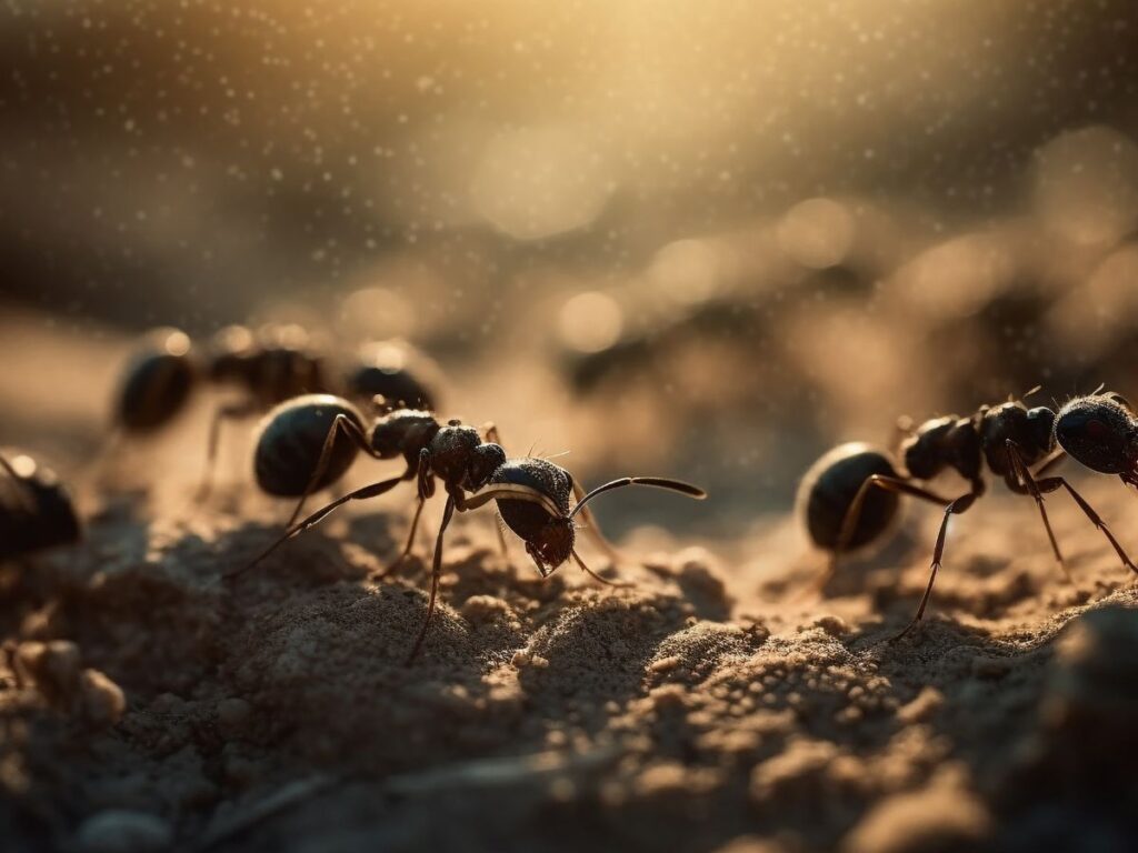 Formigas andando em superfície que aparenta ser areia.