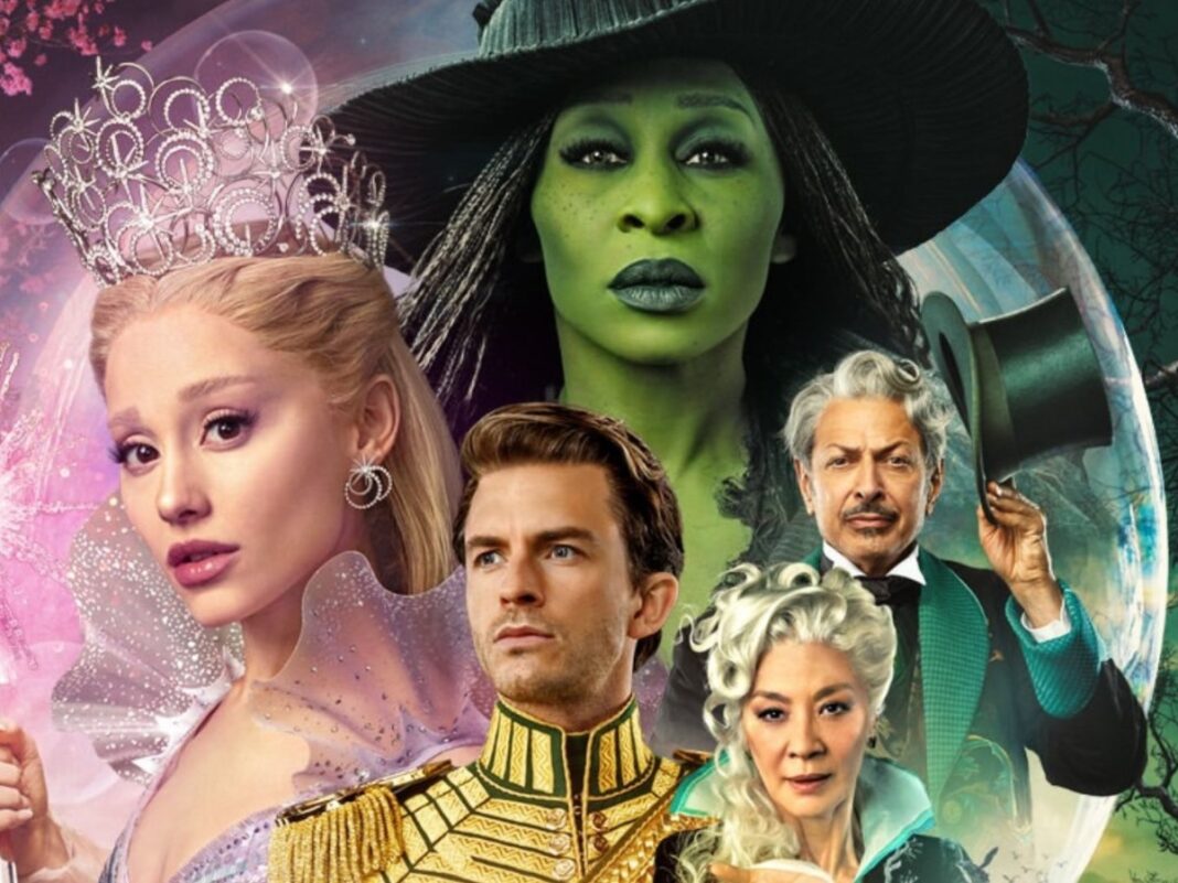 wicked-parte-2 Imagem com os personagens principais do filme Wicked: Glinda, Fiyero, Mágico de Oz, Elfaba e Madame morrible