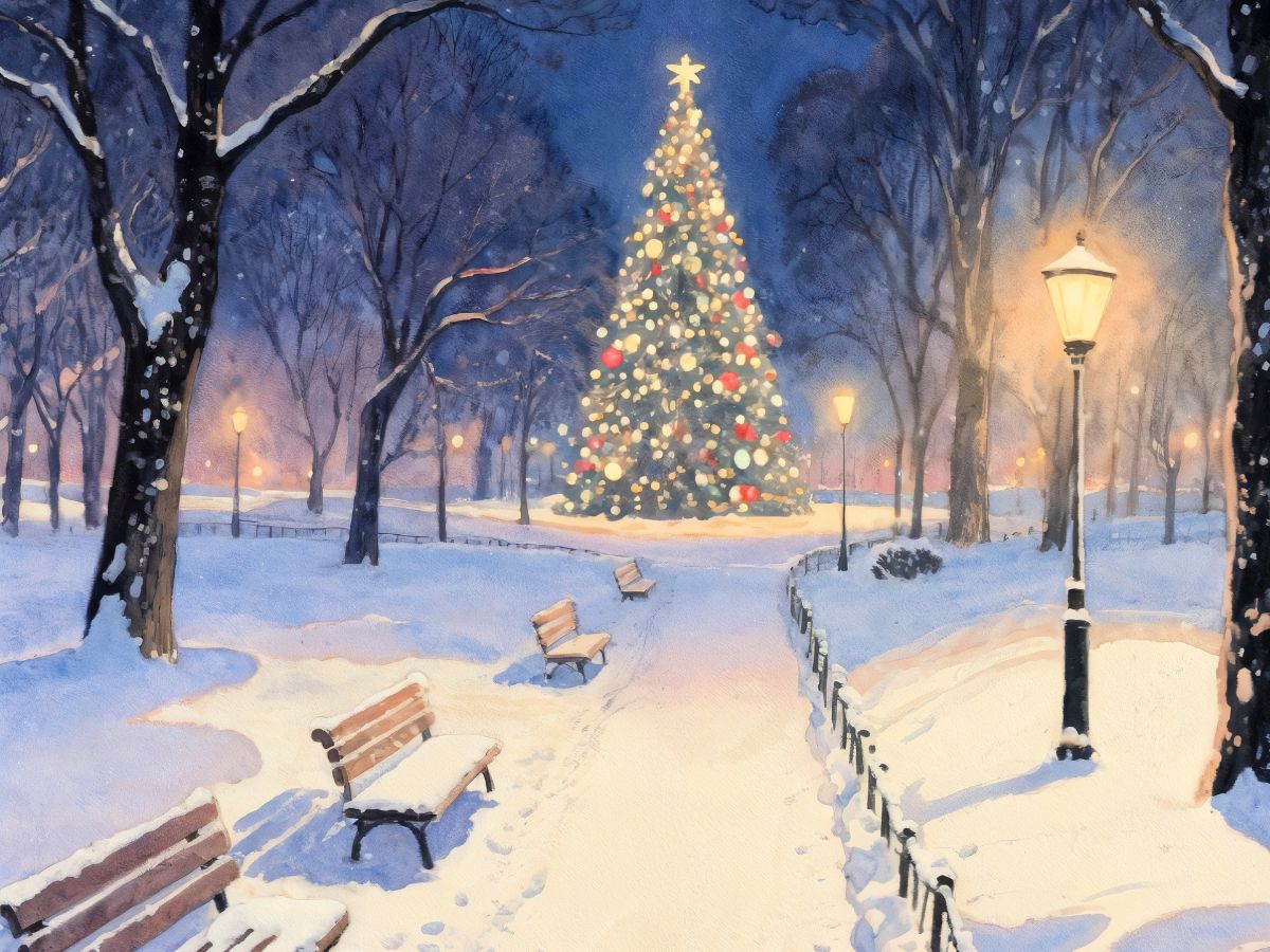 Na ilustração tem bancos que estão com neve e uma árvore grande de natal com decorações e iluminação.