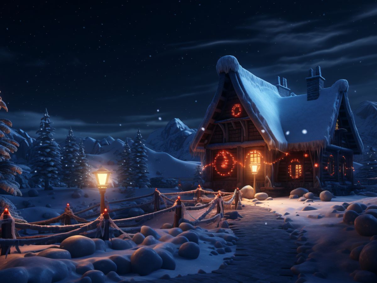 Foto de uma paisagem que conta com uma casa pequena e aconchegante cheia de neve.